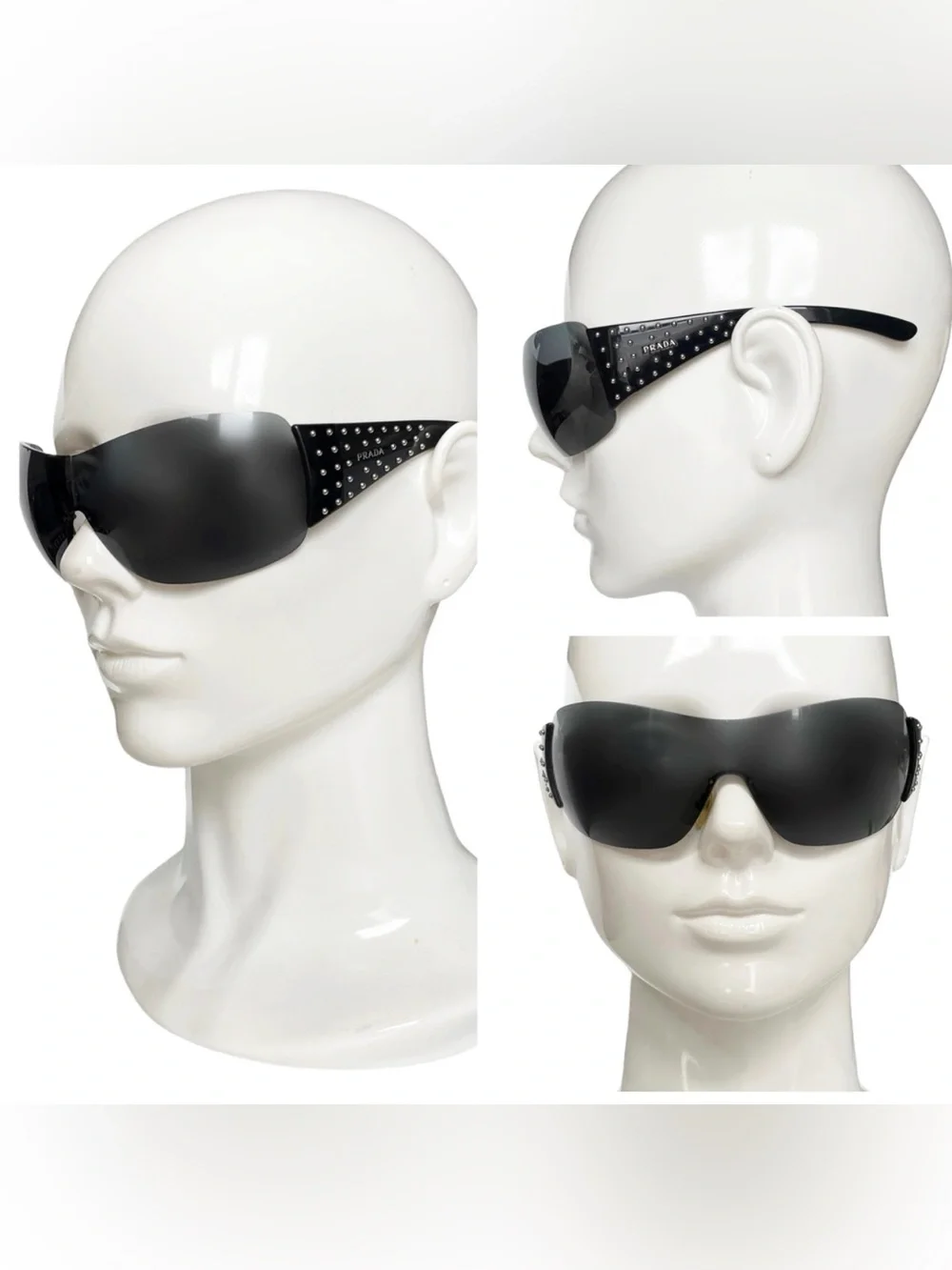 Prada Black Shield Sunglasses with Silver Stud Accents
